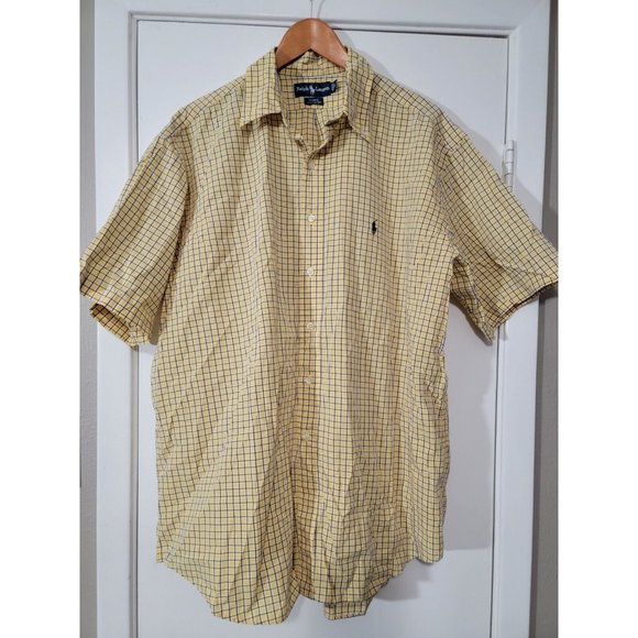 Ralph Lauren Blake Mens Size XL Short Sleeve Button Up Plaid Cotton Shirt yellow - Picture 1 of 5